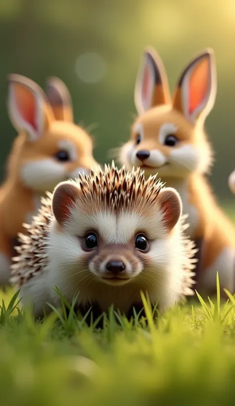 "A small hedgehog named Pip shyly steps out of his burrow, his tiny paws on the soft grass. He asks the other baby animals, 'Can I play too?' His soft, white spikes are gently visible on his forehead. The other animals, including baby rabbits and foxes, lo...