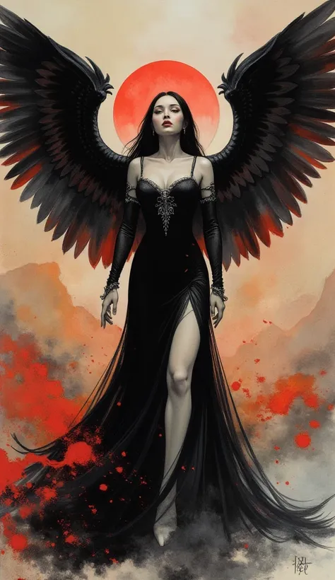 Detailed proportions and textures and multi-color with airbrushed brush strokes that presents a semi-realistic illustration in Chinese ink a female figure with striking, large wings. The wings are predominantly black with vibrant red accents, creating a dr...