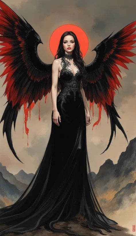 Detailed proportions and textures and multi-color with airbrushed brush strokes that presents a semi-realistic illustration in Chinese ink a female figure with striking, large wings. The wings are predominantly black with vibrant red accents, creating a dr...