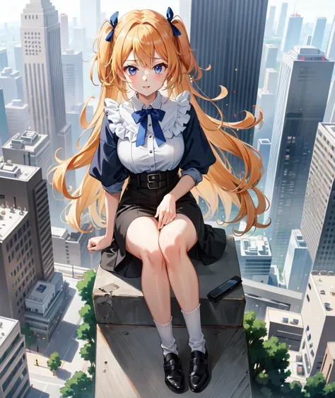 High quality photo 26 year old girl, (anime), high, sitting on top of a skyscraper  ( focused from above)