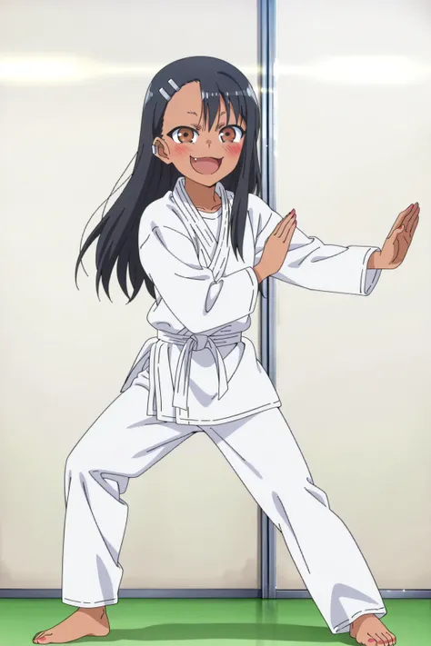 source_anime, score_9, score_8_up, score_7_up, anime screencap, absurdres, high quality,
(nagatoro hayase, brown eyes, dark-skinned female, tan, black hair, hairclip, earclip, hair ornament, long hair, outfit-judo, bangs, dougi),, anime coloring, 1girl, so...