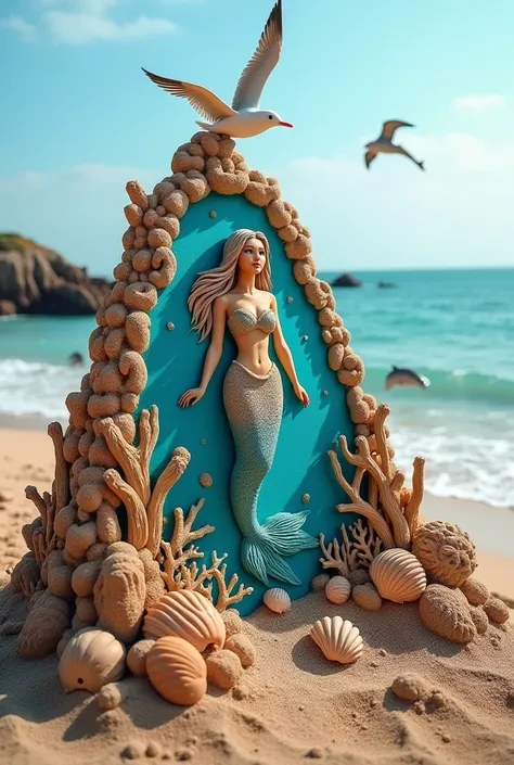 create a mesmerizing sand sculpture by the sea, capturing the essence of a beautiful underwater scene. It features a stunningly realistic mermaid surrounded by an array of sea life, including seashells, coral, and a variety of ocean creatures. A seagull so...