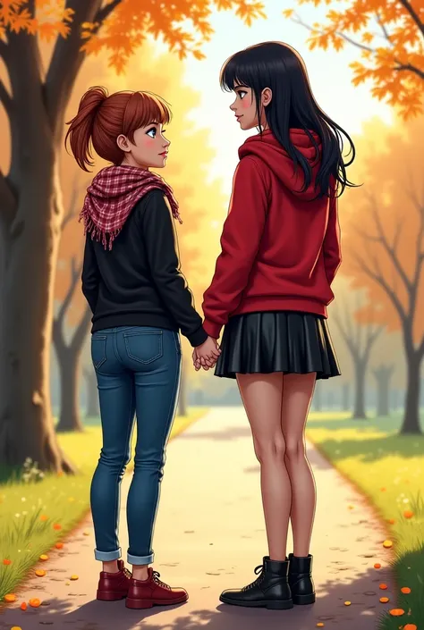 Manga Style A short German beautiful girl  in a park wearing tight jeans, a black top and a scarf, holding hands with her girlfriend, who is a tall Black haired latin woman, wearing a leather skirt and a red hoodie 