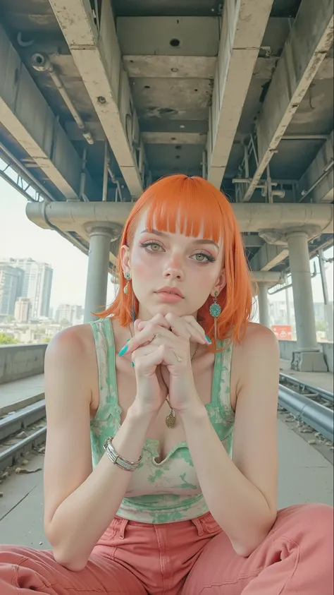 8k, masterpiece, highest quality,  Korea's Beautiful Women, Low-angle, fisheye,  orange hair, half-updo,  defined eyes, shimmery eyeshadow, bold brows, colorful nail art, light green white patterned tank top, coral-pink pants, seated, hands clasped,  concr...