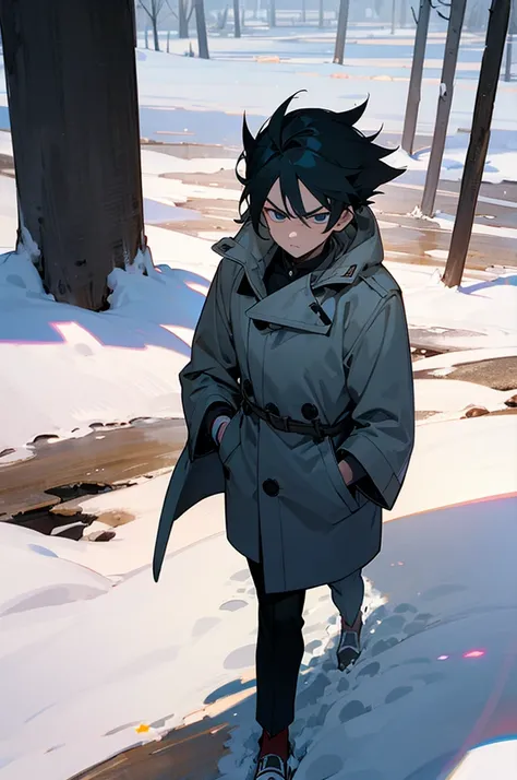 anime,A age boy in the cold snow,Serious anime, serious face, walking in the snow