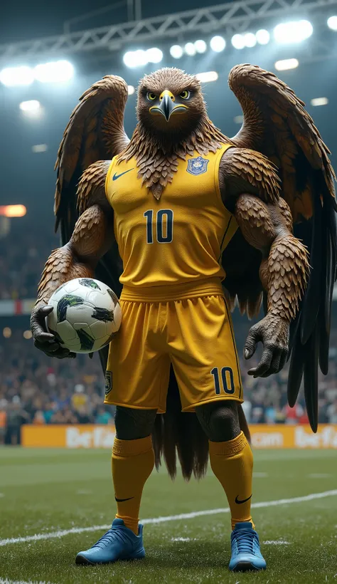 3d photo of a powerful anthropomorphic real eagle warrior with muscular humanoid looking body. The real eagle is tall, manly, has sharp fierce eyes, hooked beak and majestic feathers. The real eagle looks at the camera. Its body is covered with elegant fea...