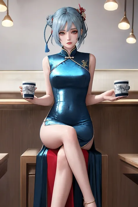 1 woman, sexy, anime, dignified, refined facial features, a strong long (thin) face with sharp features, medium perky breasts, long salon styled neon light blue hair with darker streaks, small shiny light gray eyes, brunette eyebrows, smokey eye makeup, we...