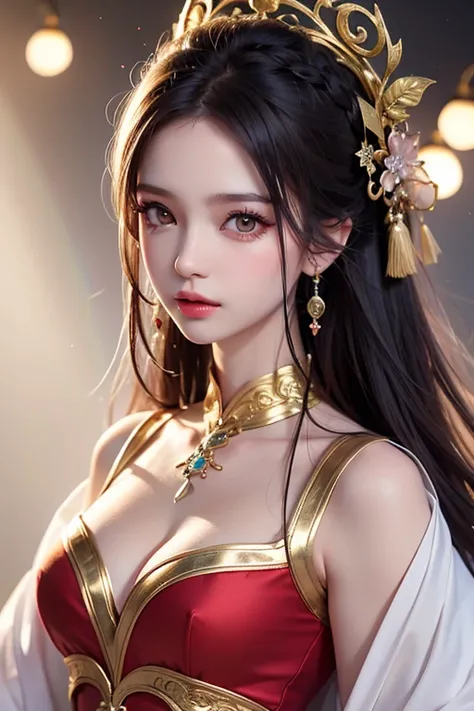 Portrait of a 20-year-old young saint, a saint with a beautiful and super cute face, Wearing a thin red dress with gold and glittering and sexy edges, Ao da studded with sparkling small pearls, cute beautiful face, cute Chinese doll, Ao dai with deep cleav...