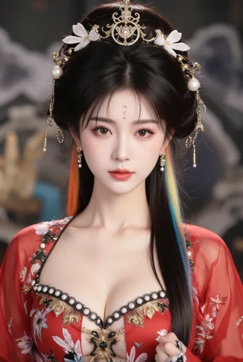 Portrait of a 20-year-old young saint, a saint with a beautiful and super cute face, Wearing a thin red dress with gold and glittering and sexy edges, Ao da studded with sparkling small pearls, cute beautiful face, cute Chinese doll, Ao dai with deep cleav...