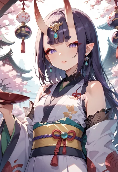 ((masterpiece, best quality, ultra detailed, high resolution, detailed facial description, perfect hands, perfect eyes)), (1 woman, solo), (oni, Shuten Doji, oni horns), (purple long hair, blunt bangs), (purple eyes, slit pupils, red eyeliner, round eyebro...