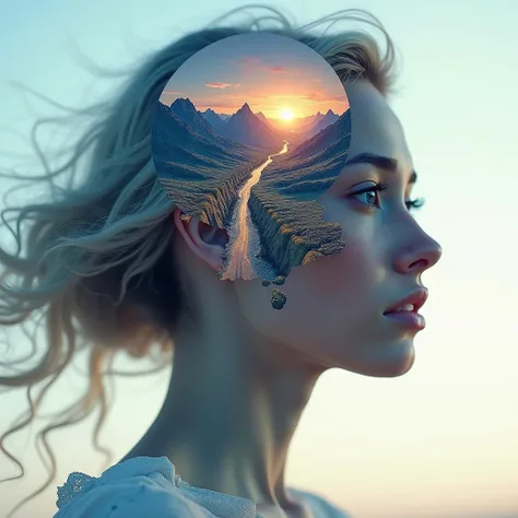  A very beautiful utopian woman ,  transparency through which a breathtaking and surreal landscape is perfectly seen.  The landscape appears as a double exposure in her hair ,  showing mountains as aliens ,  bright sky and vibrant colors , the fish. The ga...