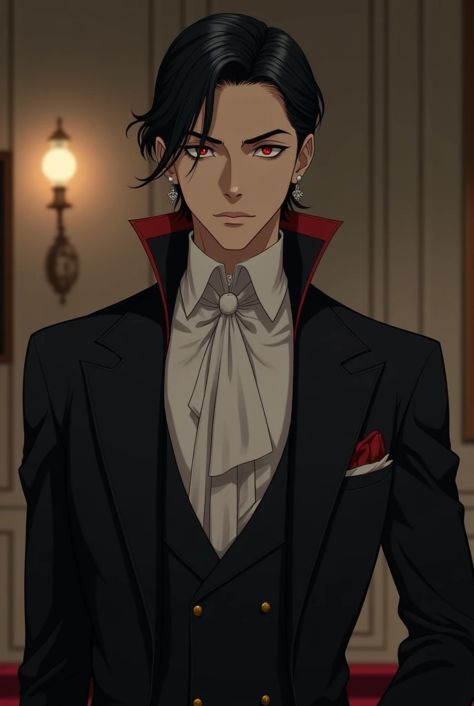 A vampire man dressed elegantly simple, dark red eyes, black hair combed elegantly. 1952, United States. Anime style. Beautiful anime style man. 