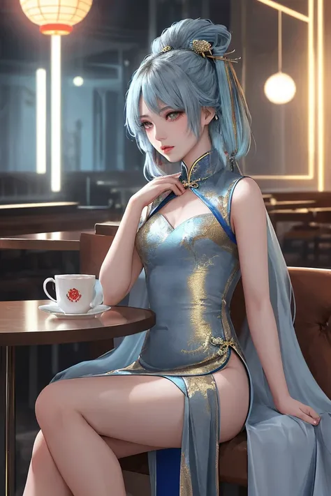 1 woman, sexy, anime, dignified, refined facial features, a strong long (thin) face with sharp features, medium perky breasts, long salon styled neon light blue hair with darker streaks, small shiny light gray eyes, brunette eyebrows, smokey eye makeup, we...