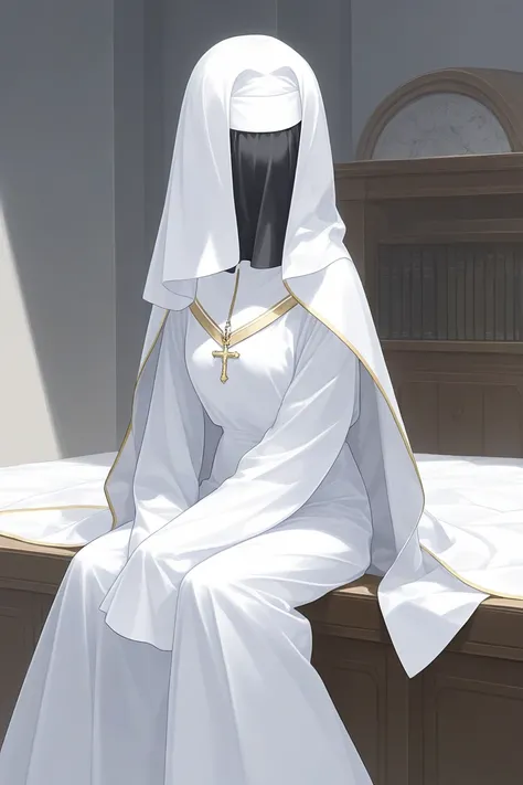 Solo, 1girl, tall women, cape over shoulders, nun outfits, long skirt, faceless, veil face /(Veil covered face)\, sleeves past wrists, sleeves past fingers, long cape, cloak, overly long sleeves, wide open loose sleeves, room, sitting, couches 