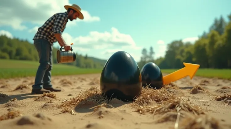 A surreal farm landscape where hundreds of large, smooth, glossy black eggs emerge from the sandy soil, partially buried, surrounded by remnants of dried straw. A farmer, dressed in a straw hat, checkered shirt, and rugged jeans, is carefully tending to th...