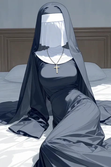 Solo, 1girl, tall women, cape over shoulders, nun outfits, long skirt, faceless, veil face /(Veil covered face)\, sleeves past wrists, sleeves past fingers, long cape, cloak, overly long sleeves, wide open loose sleeves, room, laying down