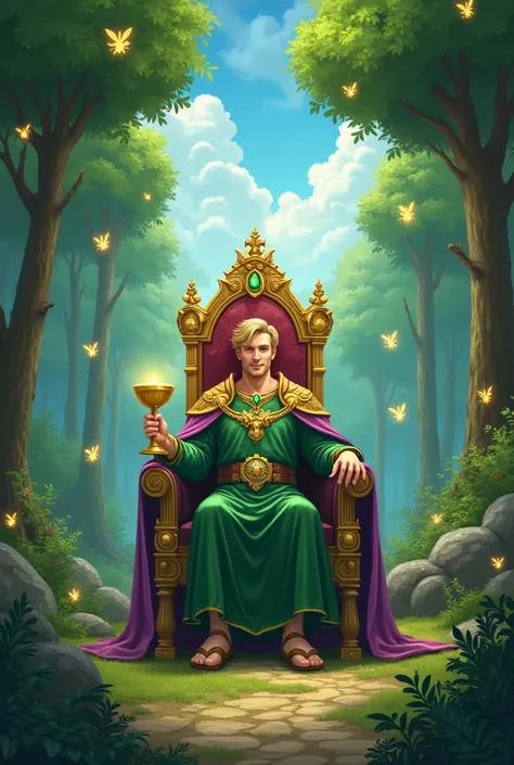  The map is made in fantasy style 

The centerpiece is a magical green forest ,where many fireflies are flying. there is a golden throne in the center with a long back ,  on him is a man in his 30s with short blond hair  ,  on his head is wearing a golden ...