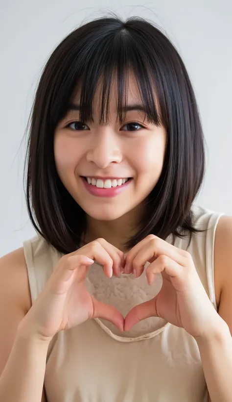  Super Fine、An upshot of her face、She has a smile showing her teeth, wears a camisole, and poses with her hands in the shape of a heart in front of her chest、The background is plain、  high definition、細部にわたって high definition