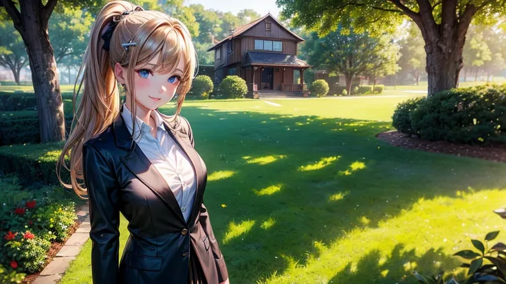 1girl, summer, trees, house, fantasy landscape, water, light brown hair, ponytail, large full breasts, dark blue eyes, ((black blazer)), ((white silk shirt)), black skirt, smile, looking at the viewer, touching lips, full lips, standing, hair clip, golden ...