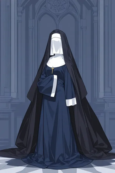 Solo, 1girl, tall women, cape over shoulders, nun outfits, long skirt, faceless, veil face /(Veil covered face)\, sleeves past wrists, sleeves past fingers, dark blue long cape, cloak, overly long sleeves, wide open loose sleeves, room, standing, spin arou...