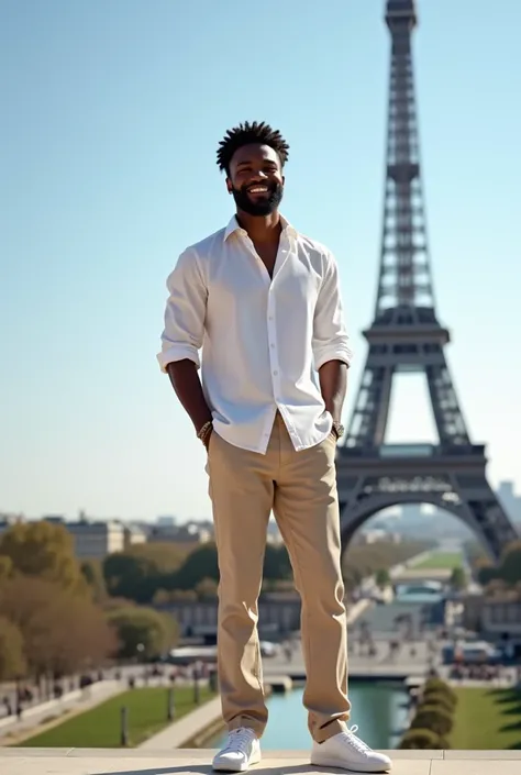 25-year-old black man in Paris next to the Eiffel Tower during the day wearing a white shirt with beige pants and white sneakers 