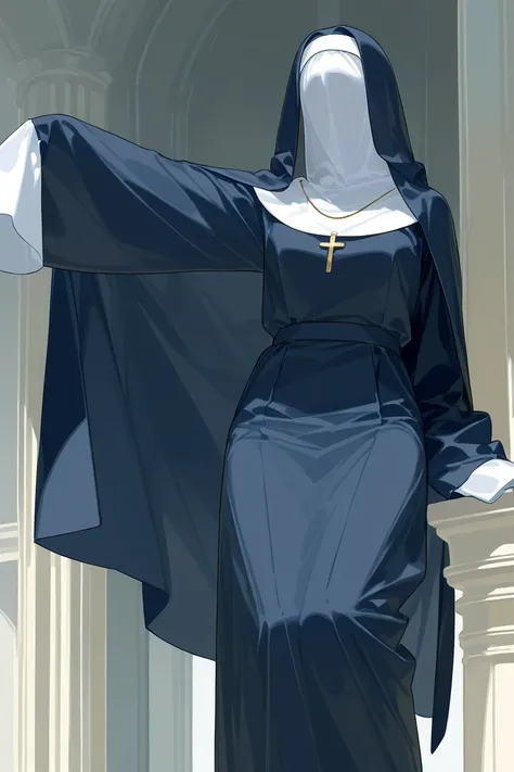 Solo, 1girl, tall women, cape over shoulders, nun outfits, long skirt, faceless, veil face /(Veil covered face)\, sleeves past wrists, sleeves past fingers, dark blue long cape, cloak, overly long sleeves, wide open loose sleeves, room, standing, climbing ...