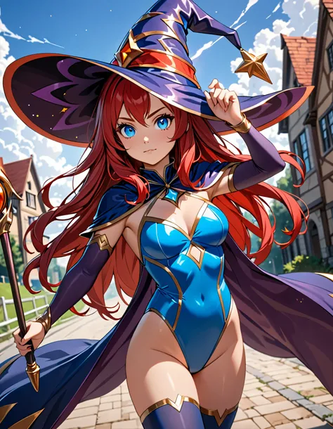 masterpiece, best quality, hires, 8k, 1girl, high school student, superhero, holding wand, superhero sorceress witch, sky witch, leotard, blue leotard with white accents, bare legs, blue thigh-highs, red high heels, witch hat, red hair, long hair, blue eye...