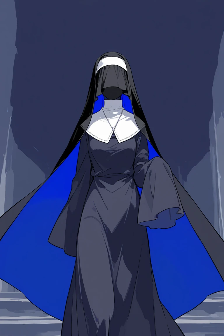 Solo, 1girl, tall women, cape over shoulders, nun outfits, long skirt, faceless, veil face /(Veil covered face)\, sleeves past wrists, sleeves past fingers, dark blue long cape, cloak, overly long sleeves, wide open loose sleeves, standing, climbing up