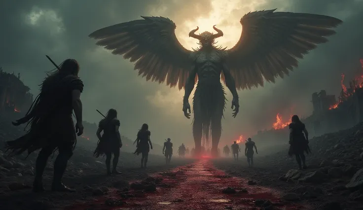 A dark and dramatic image depicting the corruption and violence described in Genesis 6. The scene must show the Giants,  hybrid creatures of fallen angels and humans ,  imposing their rule over a corrupted humanity .  The background must be a desolate and ...