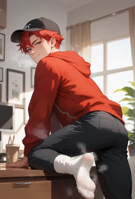 LiaqN, Red haired man, Handsome, Wearing a red hoodie cap black skinny pants Smelly and Sweaty Socks, He's trying to make me sniff his stinky socks.Steam coming out of my feet.