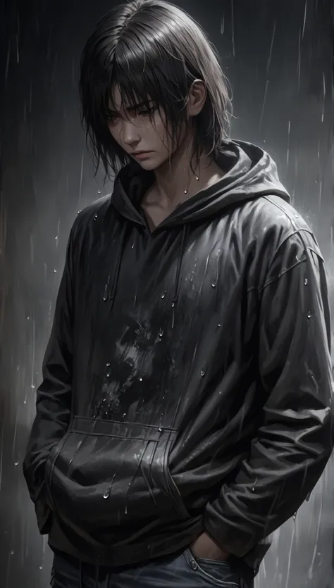 a young man with short dark hair, mysterious expression, partially obscured face, soaked dark hoodie, simple black t-shirt, worn jeans, raindrops on clothing, hands in pockets, melancholy atmosphere, muted grey background, 4k, cinematic lighting, hyper rea...