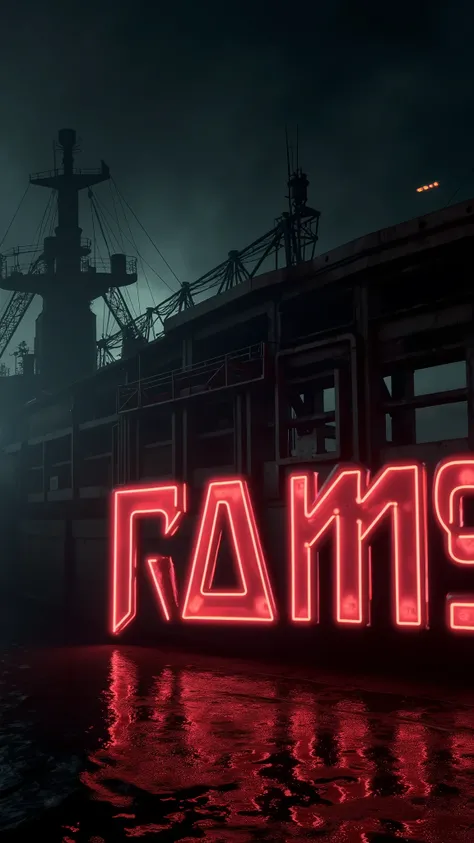 a heavy metal band Rammstein logo in the center, white neon light logo, gloomy iron ship in the background, epic, high resolution, 8k, masterpiece, ultra-detailed, (best quality,4k,8k,highres,masterpiece:1.2),ultra-detailed,(realistic,photorealistic,photo-...