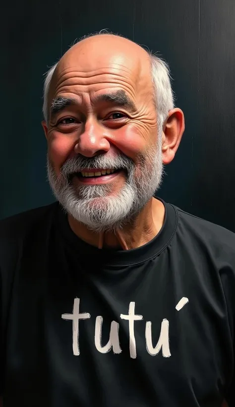 artistic painting, an illustration, close-up face, of a man, 50 years old, bald, white hair, small white beard, fat, black shirt with the words ''tutu'', smiling, on a dark road, abstract black background