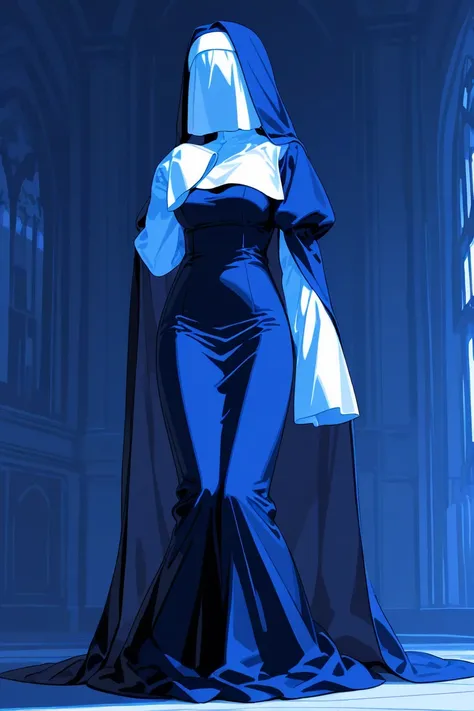 Solo, 1girl, tall women, cape over shoulders, nun outfits, long skirt, faceless, veil face /(Veil covered face)\, sleeves past wrists, sleeves past fingers, dark blue long cape, cape flap out. cloak, overly long sleeves, wide open loose sleeves, room, 