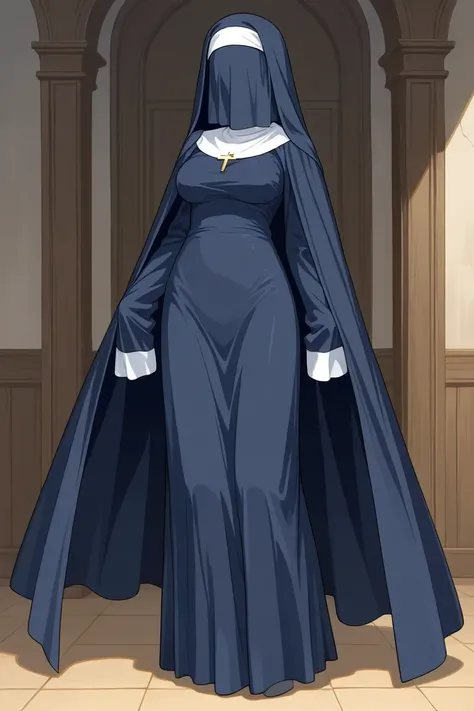 Solo, 1girl, tall women, cape over shoulders, nun outfits, long skirt, faceless, veil face /(Veil covered face)\, sleeves past wrists, sleeves past fingers, dark blue long cape, cape flap out. cloak, overly long sleeves, wide open loose sleeves, room, 