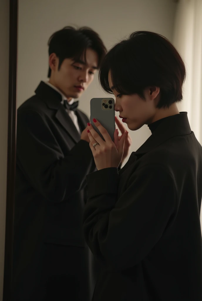  there's a man and a woman taking a selfie in a mirror, a photo, a photo de stock, inspired by Xia Shuwen ,  Killer Star , witch clothes,  wearing modern gothic clothing , blurred image,   Reflected black robe
selfie couple  ,   Japanese women in their 20s...