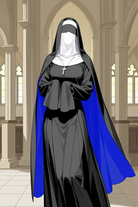 Solo, 1girl, tall women, cape on shoulders, nun outfits, long skirt, faceless, veil face /(Veil covered face)\, sleeves past wrists, sleeves past fingers, dark blue long cape, cloak, overly long sleeves, wide open loose sleeves, room, dancing