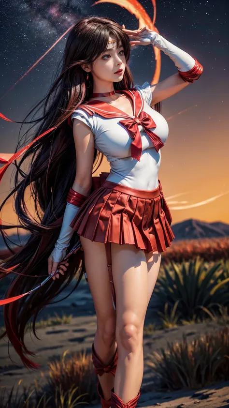 Product quality,  in the seat, cowboy shot,( thigh emphasis :1.4),( young and beautiful Japanese woman,  perfect anatomy ),( sailor warrior uniform   ),(outside,Mars,Starry Sky ,background:1.4), Positive Little Smile  ,((  red sailor collar  )),(  Red Hair...