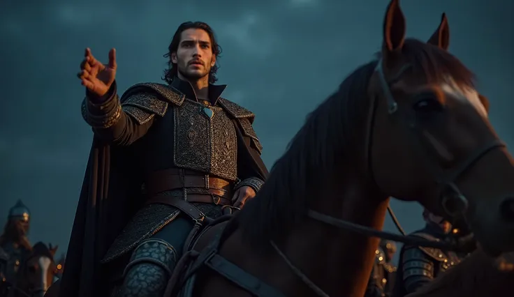 Close-up night image of the nobleman Alonso on his horse calling his companions knights, 