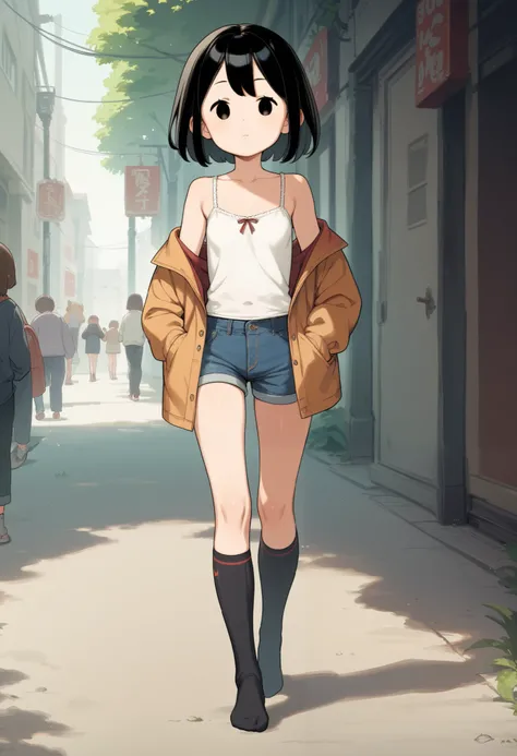  female , s Anime Style, big eyes, camisole with green leaves,Black Sukajan, Denim Miniskirt , black long socks,- Hand pockets,Mob Face, deformed,Walking in the downtown area,Scorpion Creature Behind 
