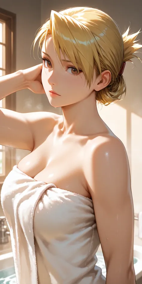 Masterpiece, very aesthetic, vibrant, high contrast, mature female, riza hawkeye, brown eyes, upper body, medium breast, wear bath towel, best quality, home, semrealistic, fullmetal alchemist art style