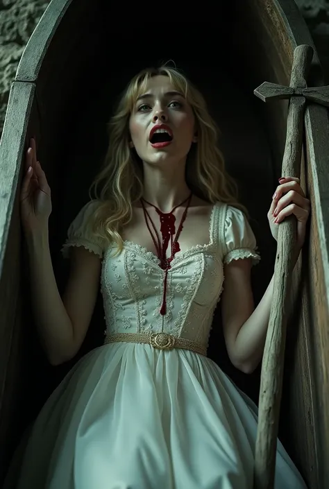  cinematic frame  .  at night, in the basement of a castle,  a vampire girl,  blonde with long hair , with 2 loops on the sides, pale,  inside an old, ruined coffin, dull old wood,  top view,  she wears a white dress full of lace and ornaments,  your hands...