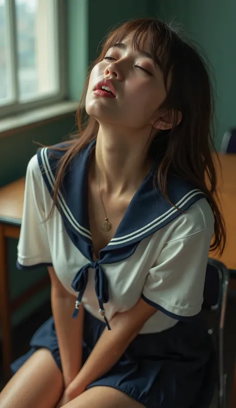 ((( Her Face and Body Are Wet with Sweat )))、((She tilts her head back 、教室の Chair Backrest 、 orgasm))、((((彼女の顔と体はsweatで濡れて光っている))))、( she's masturbating on an empty classroom chair)、 are touching their crotches、Japanese beautiful brown-haired schoolgirl 、S...