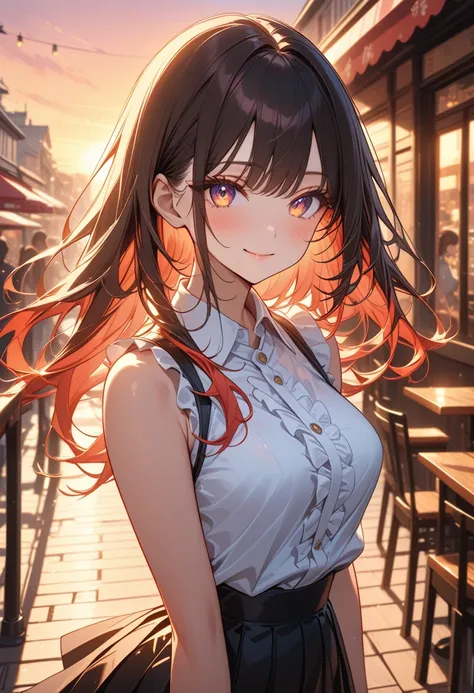 1 girl, (beautiful japanese girl), detailed beautiful face, long hair, bangs, smiling, seductive expression, blush, medium breasts, cute pose, (black pleated skirt, sleeveless collared white shirt, frills), (sunset, on the terrace of a fashionable cafe), s...