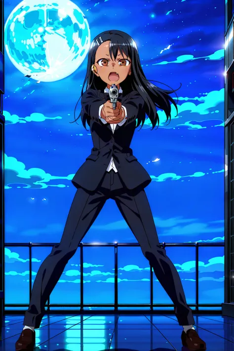 source_anime, score_9, score_8_up, score_7_up, anime screencap, absurdres, high quality,
(nagatoro hayase, brown eyes, dark-skinned female, tan, black hair, hairclip, earclip, hair ornament, long hair, black tuxedo),, anime coloring, 1girl, solo, looking a...