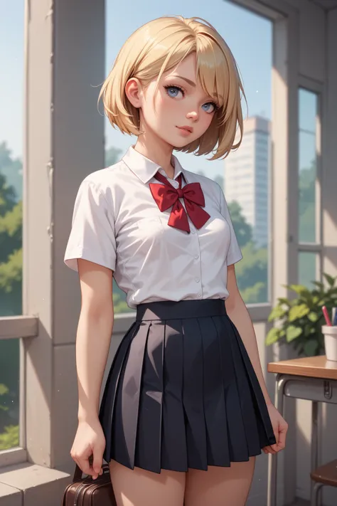 Hair: Short blonde Body: Fair skin, small perky breasts, Thin, Short Height: 4'9" Clothes: School uniform (white shirt, black skirt)