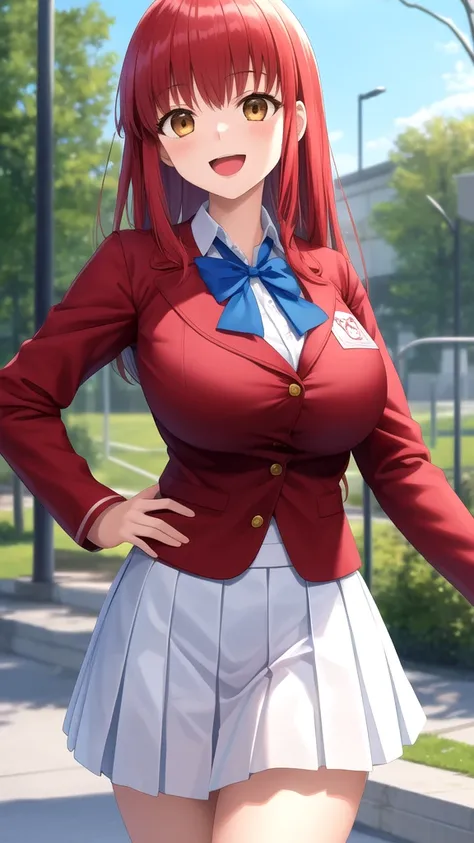 masterpiece, best quality, highres, girl, solo, looking at viewer, Shirou Emiya, Red hair, Brown Eyes, large breasts, school uniform, white skirt red jacket blue shirt open jacket blue bowtie, standing, smile, open mouth, outdoors 