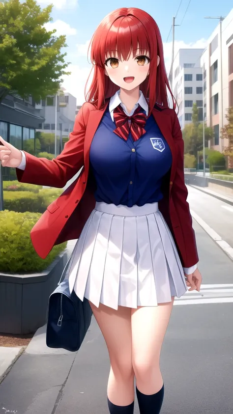 masterpiece, best quality, highres, girl, solo, looking at viewer, Shirou Emiya, Red hair, Brown Eyes, large breasts, school uniform, white skirt red jacket blue shirt open jacket blue bowtie, standing, smile, open mouth, outdoors 