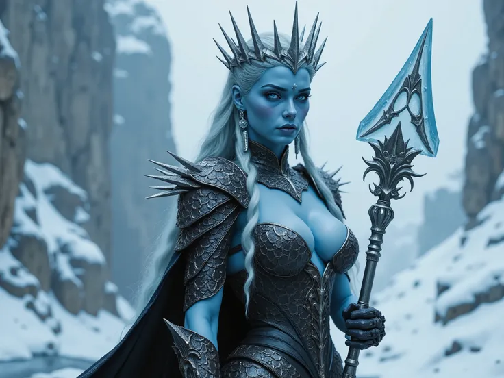 Game of Thrones､ Night King stands on an icy cliff and holds his ice staff ､ hot and gorgeous female, 1 female､  icy bright blue eyes that glow with an eerie light, pale blue, frost-kissed skin etched with sharp, jagged ridges, and a crown-like formation o...