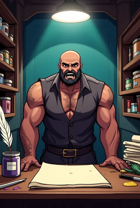  a big muscular bald man , Dark skin and rough voice ,  he is behind a counter with a jar of paint ,  a feather and a stack of scrolls in a 90s anime art style